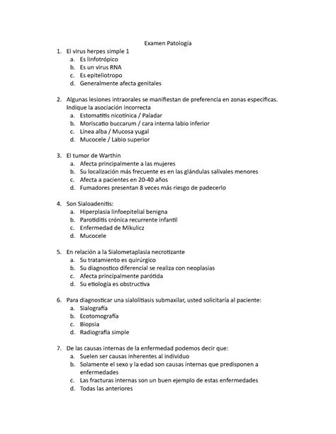 Examen Diciembre 2016 preguntas y respuestas Examen Patología El