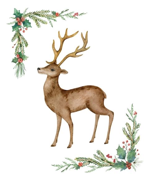 Couronne D aquarelle De Vecteur De Noël Avec Des Branches De Cerf Et De