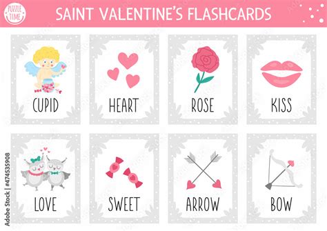 Vector Saint Valentine Flash Cards Set English Language Game With Cute