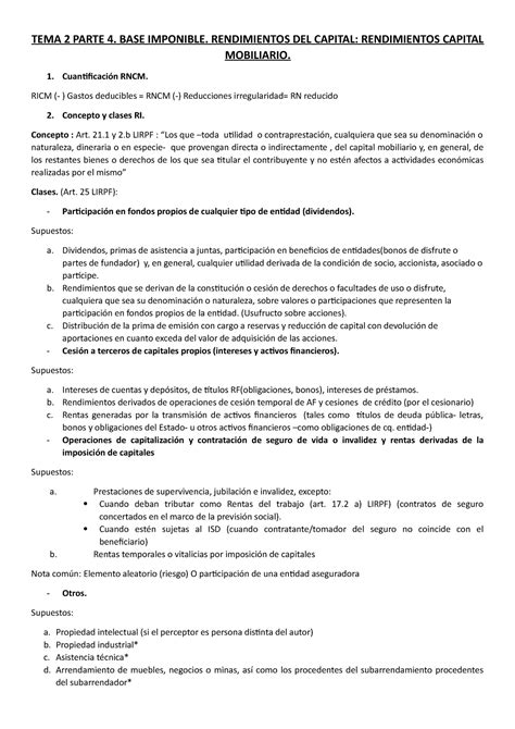 Tema Parte Base Imponible Rendimientos Del Capital Rendimientos