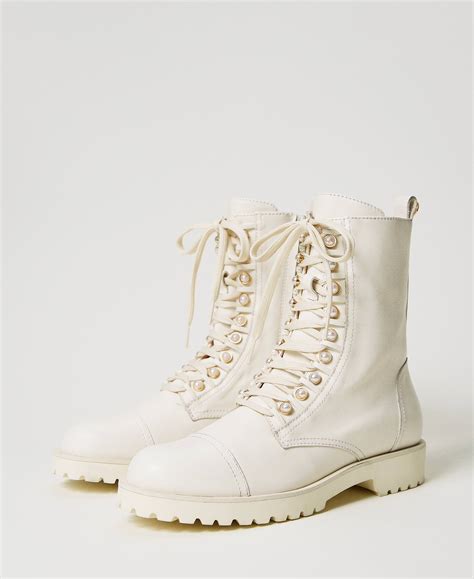 Leather combat boots with pearls Woman, White | TWINSET Milano