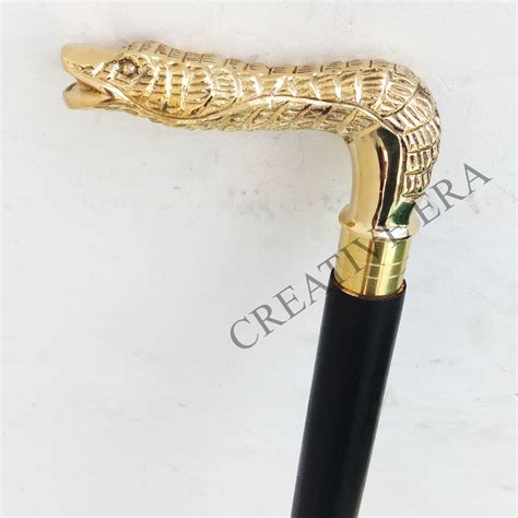 Vintage Walking Stick Snake Brass Handle Black Wooden Gem