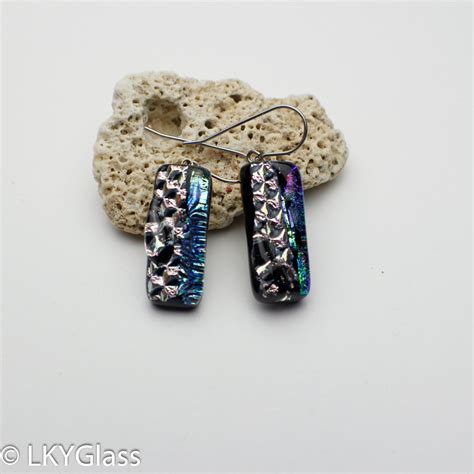 Stunning Black Pink Blue Dichroic Glass Earrings Rainbow Dichroic