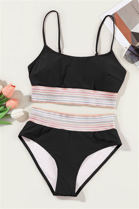 8 33 Black Striped Patchwork Spaghetti Strap High Waist Bikini