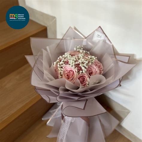 Jual Bouquet Bunga Artificial Pink Soff Free Kartu Ucapan Buket Plastik