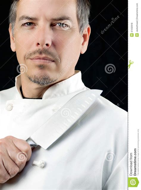 Chef Kok Displays Knife Portret Stock Foto Image Of Lepel Eenvormig