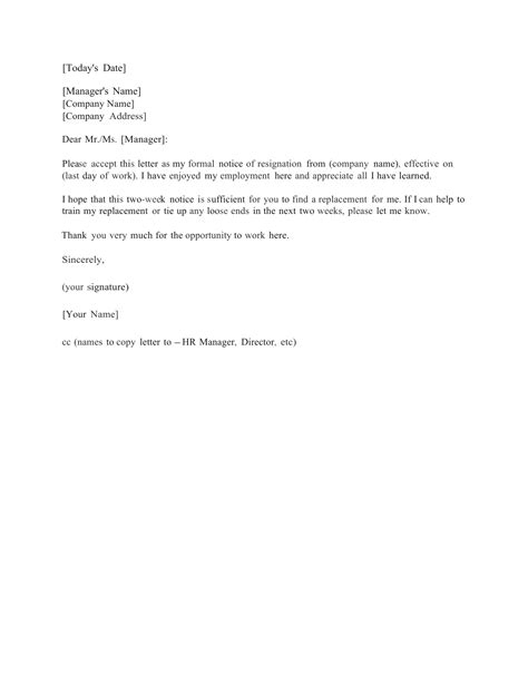 Download Standard Two 2 Weeks Notice Letter Template And Sample Pdf Rtf Word