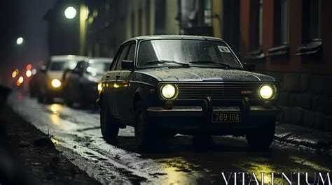 vintage car night scene  city street ai generated  stock images