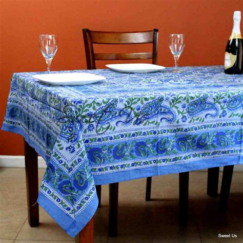 Cotton Paisley Floral Block Print Tablecloth Rectangle Blue Kitchen Dining Linen