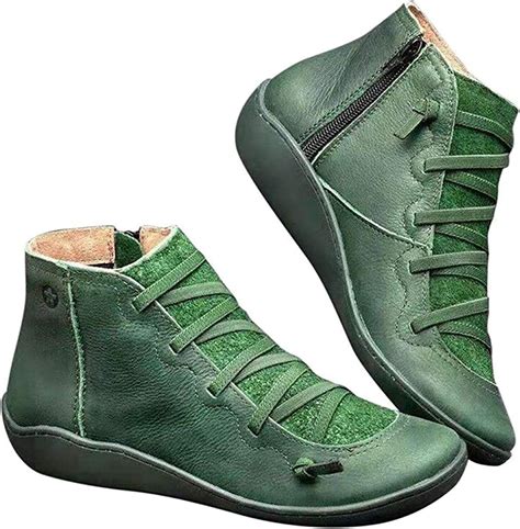 2021 New Arch Support Boots Fashion Lace Up Side Zip Vintage Booties Flat Heel Arch Support