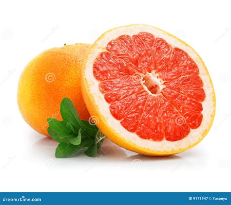 Fresh Grapefruit Fruit With Cut And Green Leaves Stock Image Image Of