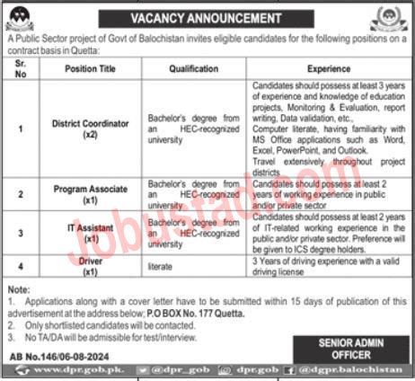 Jobs In Pubic Sector Organization Quetta August Advertisement