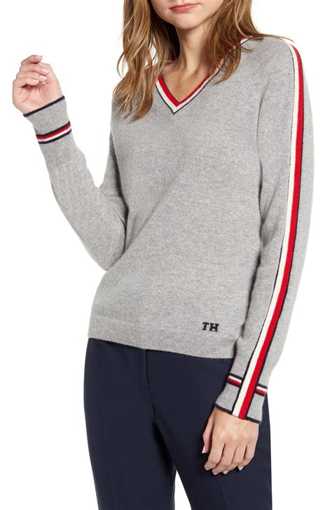 Tommy Hilfiger Cashmere Stripe Detail V Neck Sweater In Gray Lyst