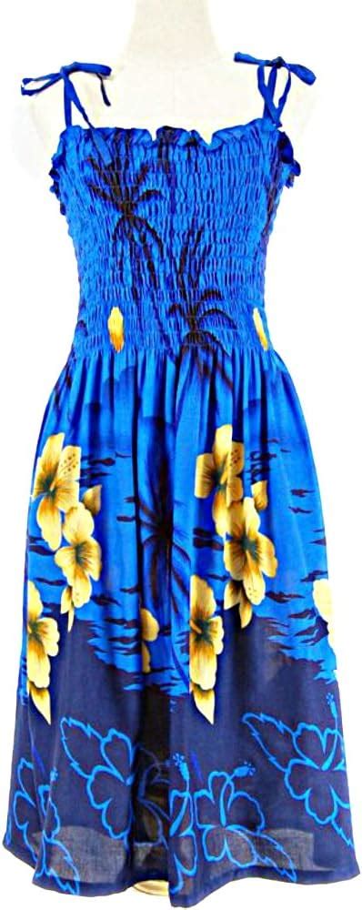 Hawaiian Blue Hibiscus Tropical Short Spaghetti Strap Sun Dress One