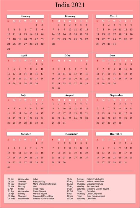 Printable India 2021 Calendar With Holidays [PDF] | Calendar Dream