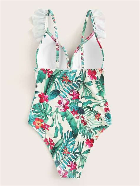 Tropical Print Ruffle Trim One Piece Swimsuit Shein Usa