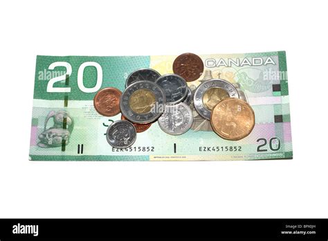 Canadian Twenty Dollar Bill And Coins Stock Photo Alamy