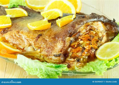 Baked Fish Stuffed With Vegetables Stock Image Image Of Leafy Food