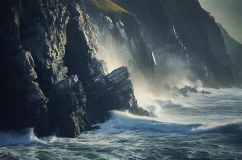 Premium AI Image Waves Crashing Against A Cliff Face With The Ocean