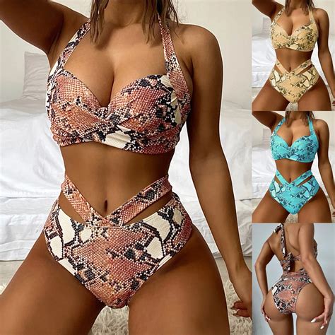 Sexy Snake Skin Bikini Halter Ruched Wrap Front Cross High Waist