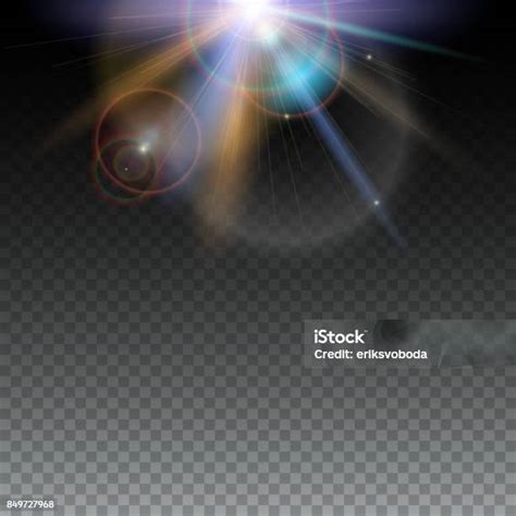 투명 한 바탕에 형광 조명 효과 함께 서식 파일 요소를 디자인 합니다 태양 광선 및 렌즈 플레어 배경 밝은 빛 반짝와 스타