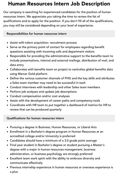 Human Resources Intern Job Description Velvet Jobs