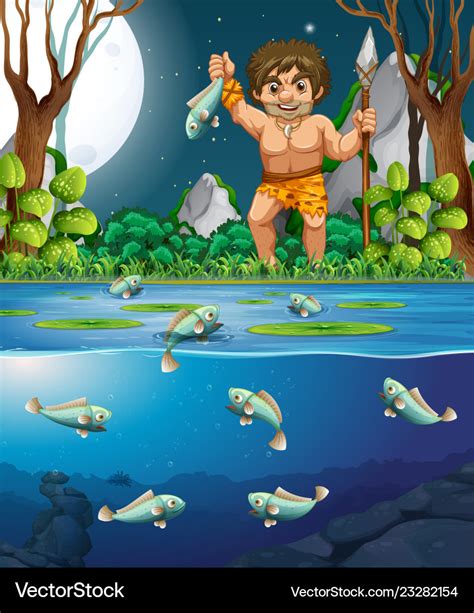 A Caveman Catching Fish Royalty Free Vector Image