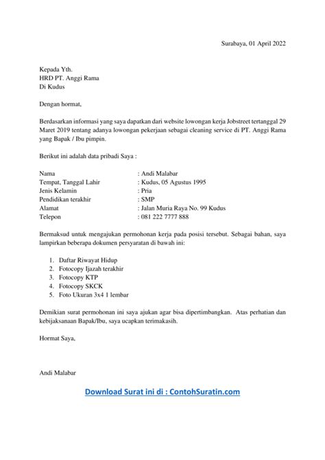 Contoh Surat Lamaran Kerja Untuk Cleaning Service Fresh Graduate Hot