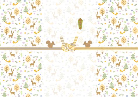 あわじ結びの水引付いたおしゃれな横長の熨斗紙！リスや森の動物たちがデザインされたかわいい…｜イラストボックス「プレミアム」テンプレート