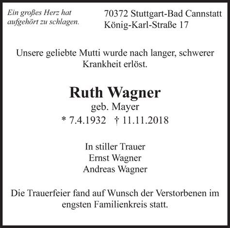 Traueranzeigen Von Ruth Wagner Zeit Des Gedenkens De