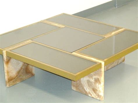 Travertine Base Brass And Mirrored Glass Cocktail Table For Sale At