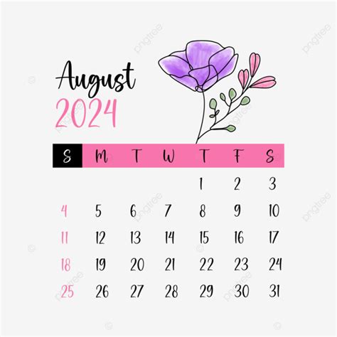 Calendario Mensual Floral Agosto 2024 Vector Png Dibujos Agosto De 2024 Calendario Floral