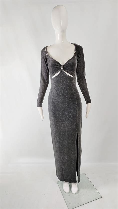 Tadashi Shoji Vintage Silver Lurex Cut Out Evening Dress 1990s Zeus