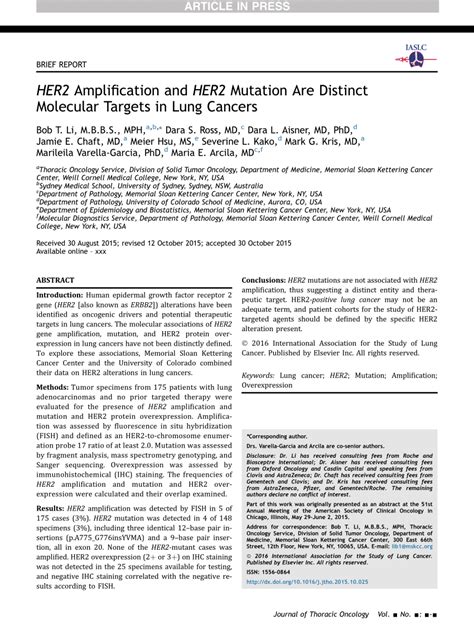 (PDF) HER2 Amplification and HER2 Mutation Are Distinct Molecular Targets in Lung Cancers