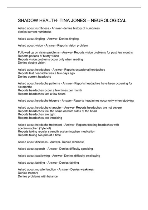 SHADOW HEALTH- TINA JONES – NEUROLOGICAL - SHADOW HEALTH - Stuvia US