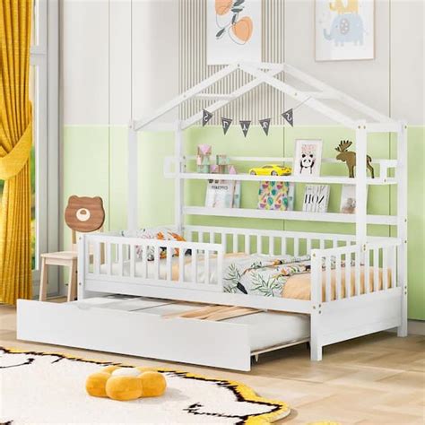 Harper And Bright Designs White Twin Size Wooden House Bed With Roof