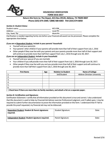 Fillable Online Acu Household Verification Form 2016 2017 Return This