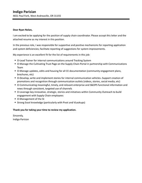 Supply Chain Coordinator Cover Letter Velvet Jobs