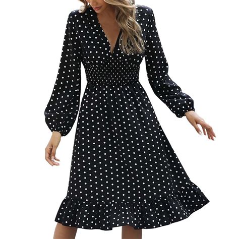 Atienubee Long Sleeve Dresses For Women Casual V Neck Flowy Vintage Elegant Waist Slimming Polka