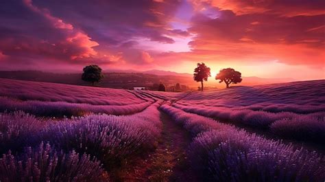 Premium Ai Image Magical Sunset Over Endless Lavender Fields