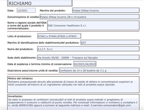 Richiamati 4 Lotti Di Polase Difesa Inverno Ossido Di Etilene Fuori