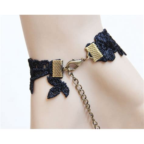 Gothic Black Wristband Rose Embellished Bracelet With Ring J18076