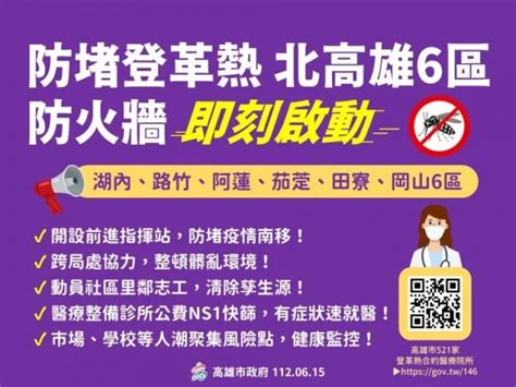 【衛生局】因應台南仁德區登革熱群聚疫情 高市府開設北高雄前進指揮中心 6區築防火牆 521家登革熱合約診所提供ns1快篩試劑 民眾有症狀速就醫快篩 籲請市民配合積極整頓環境 巡倒清刷 警戒並