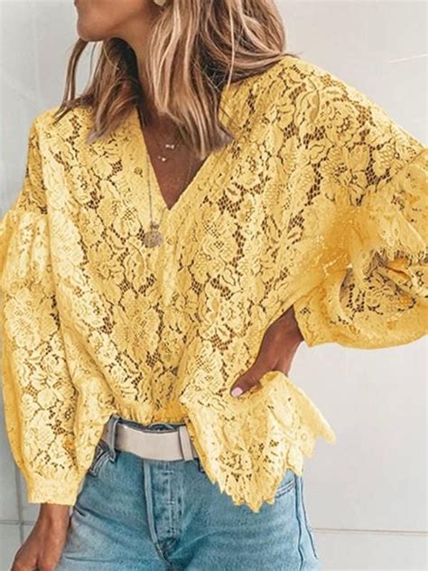 V Neck Long Sleeve Ruffles Lace Elegant Women Blouses In 2020 Blouses