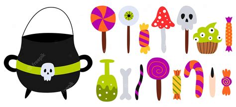 Premium Vector Set Halloween Candies And Witches Cauldron Lollipops