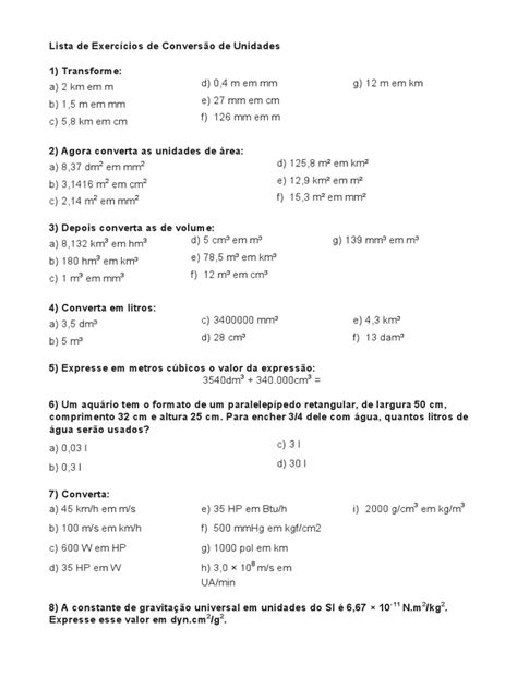 Lista De Exercícios Conversão De Unidades Pdf - Exercícios de Conversão de Unidades | PDF | Métodos e Materiais de Ensino