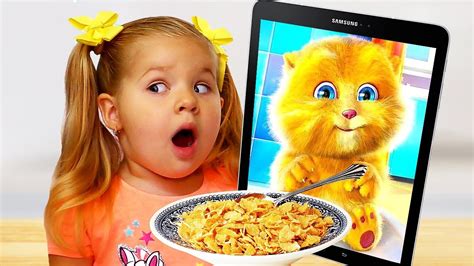 Diana and Funny Cat eats Breakfast and Plays - Bombofoods