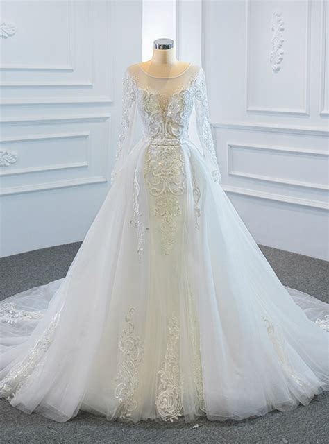 Shop 2020 Cap Sleeves Scoop Beading Tulle Long Train Wedding Dress