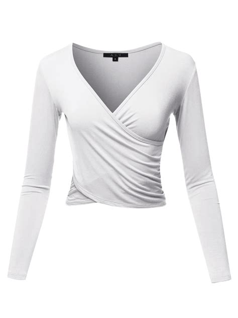 A2y Womens Long Sleeve Deep V Neck Cross Wrap Crop Top T Shirts White S