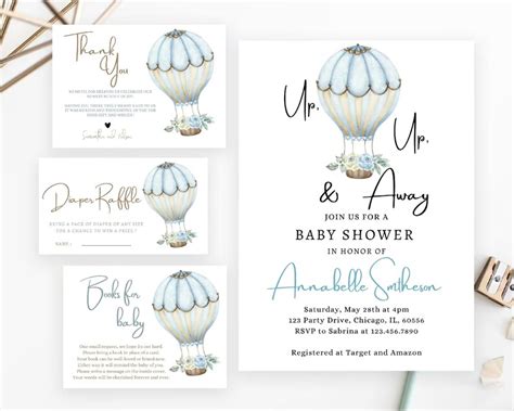 Editable Adventure Awaits Baby Shower Invitation Templates Set Blue Hot Air Balloon Baby Shower
